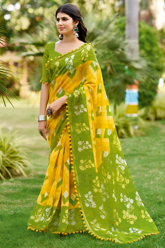 Yellow Floral Print Saree in Lightweight Pure Mul Cotton