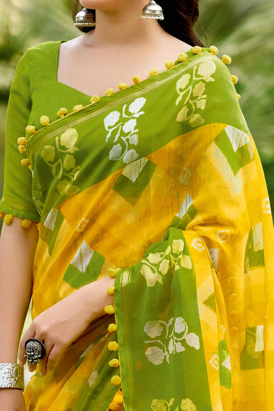 Yellow Floral Print Saree in Lightweight Pure Mul Cotton